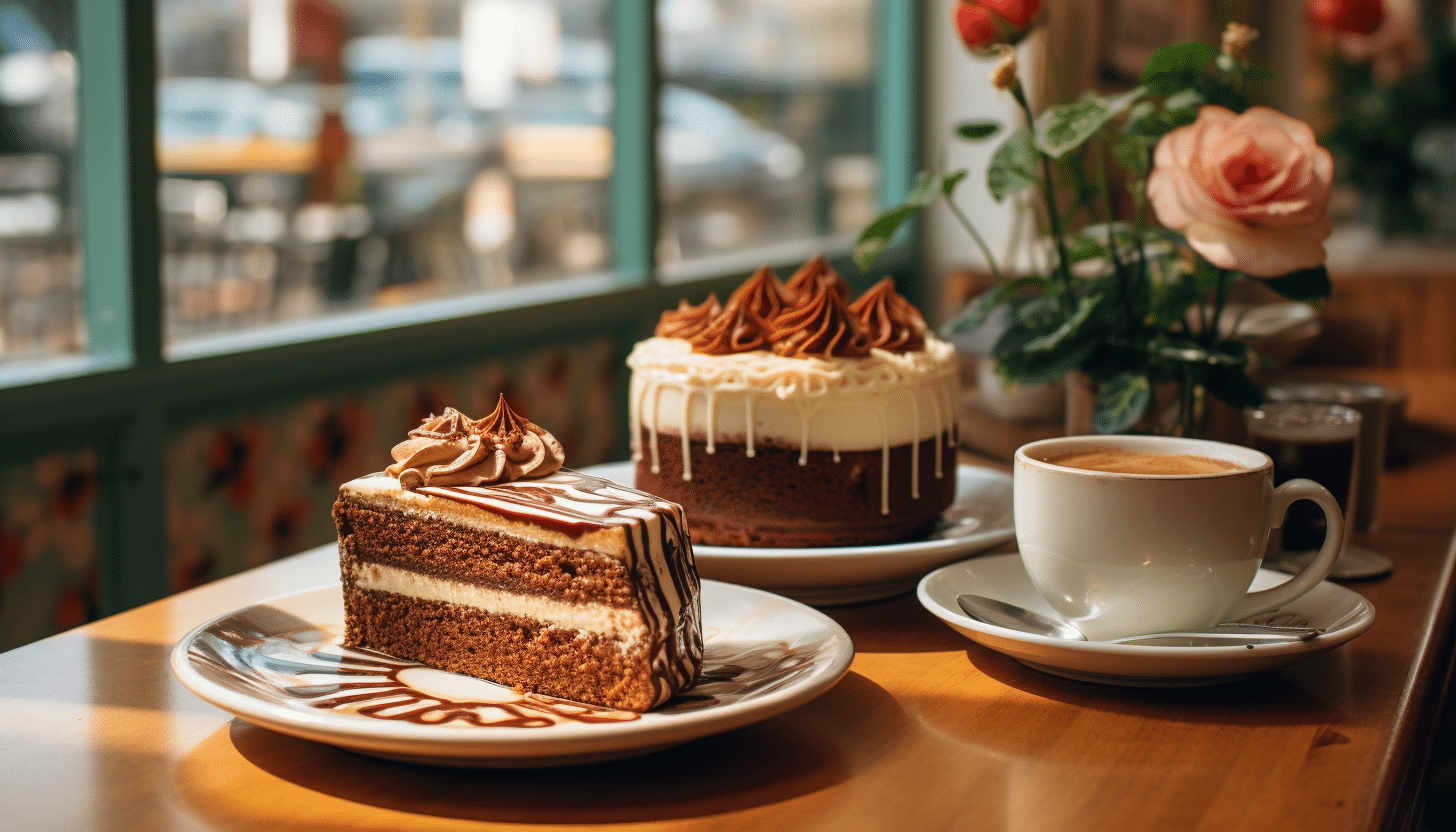 A delicious slice of cake and a steaming cup of coffee on a table.