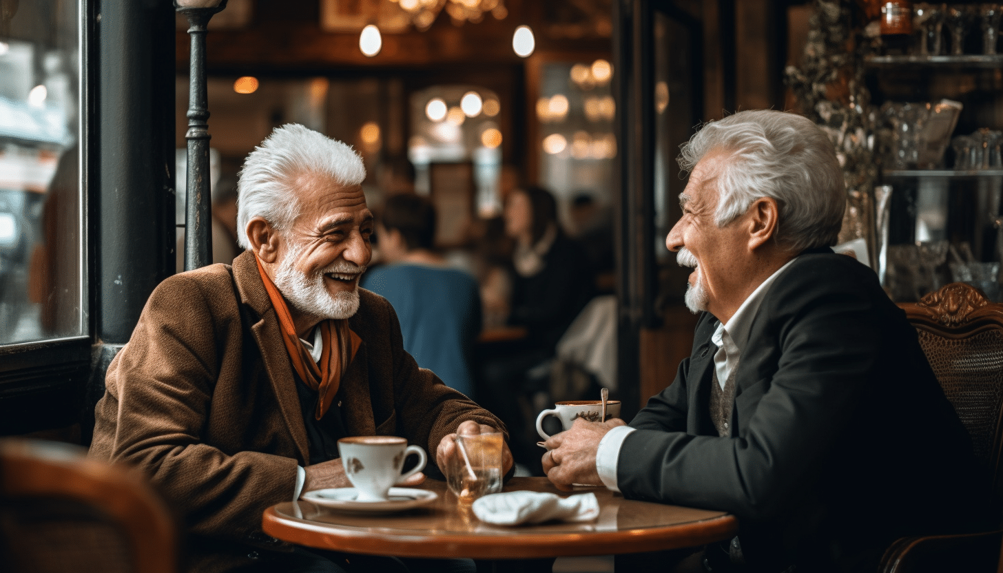 old gentlemen having coffee and conversation