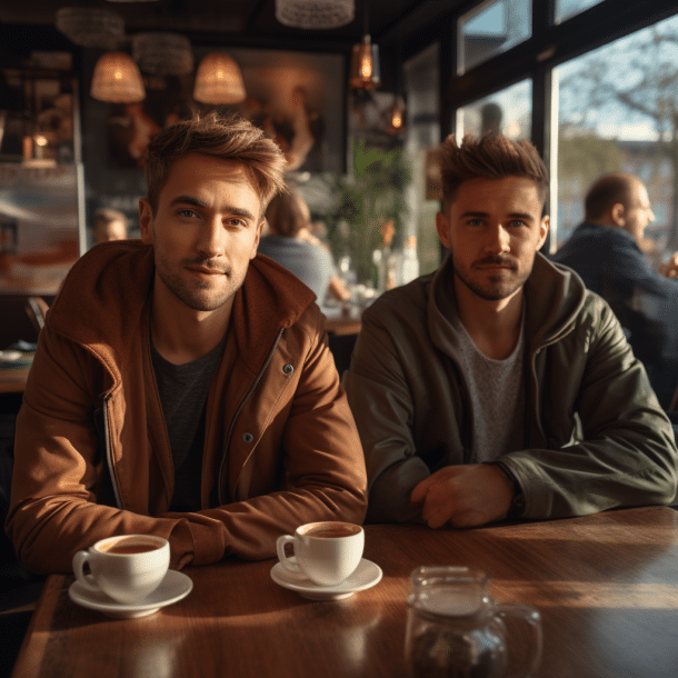 Two men enjoying coffee at a table in a cafe.